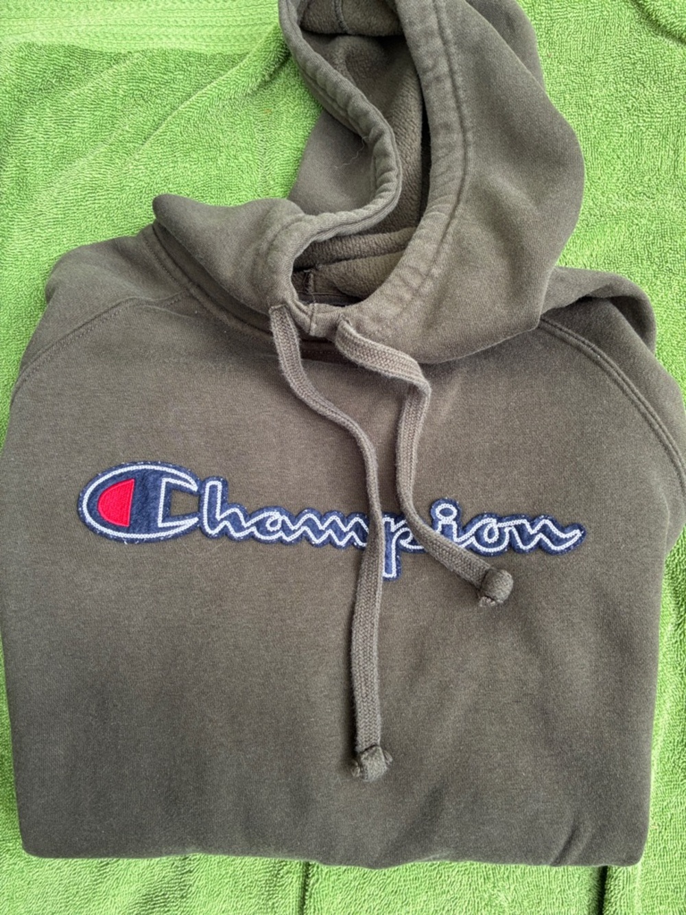 Champion Olive Green Hoodie with Embroidered Script Logo